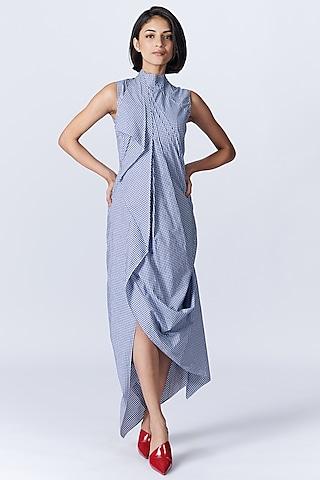 blue cotton plaid draped midi dress