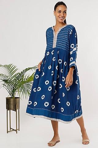 blue cotton pleated dress