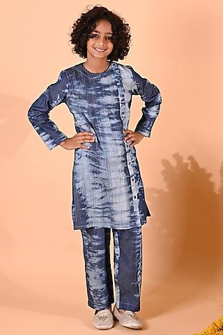 blue cotton pleated kurta set for boys