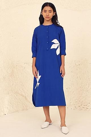 blue cotton poplin applique work calf-length dress