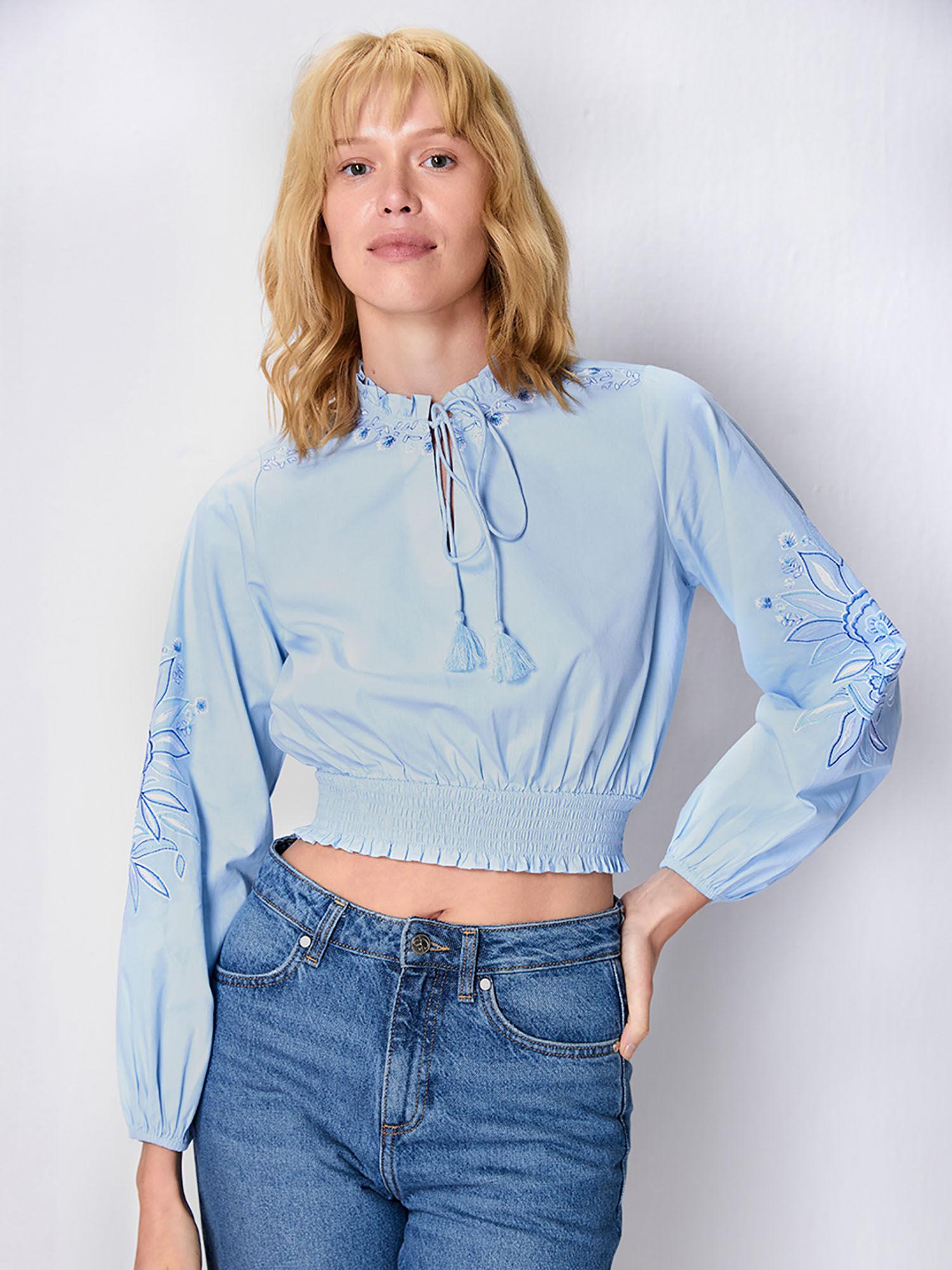 blue cotton poplin crop top