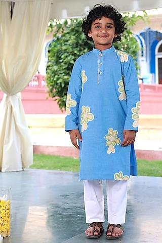 blue cotton poplin floral hand embroidered kurta set for boys