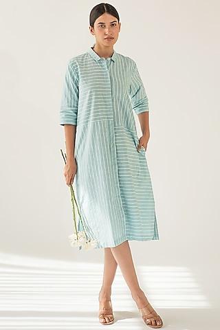 blue cotton poplin hand block printed shirt dress