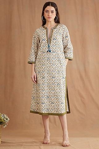 blue cotton poplin printed & embroidered tunic dress