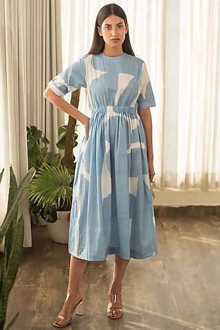 blue cotton poplin printed dress