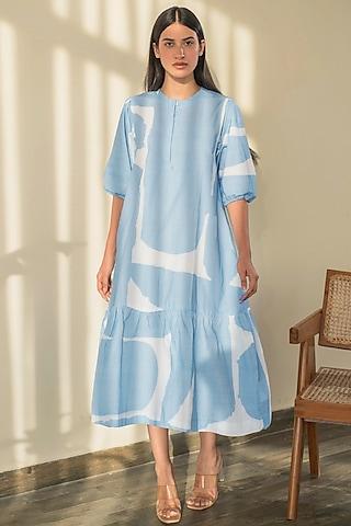 blue cotton poplin printed flared dress