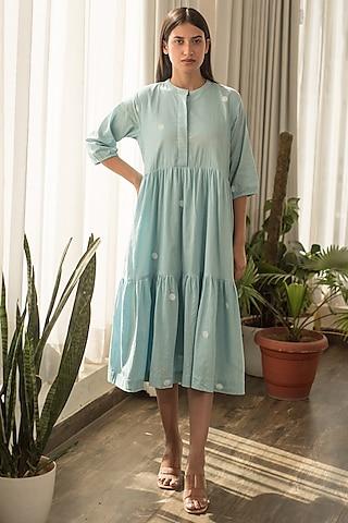 blue cotton poplin tiered dress