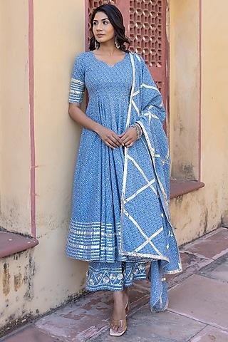 blue cotton printed & gota patti work anarkali set