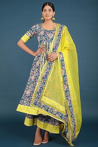 blue cotton printed anarkali set