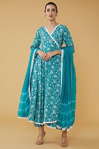 blue cotton printed angrakha anarkali set