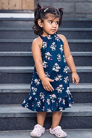 blue cotton printed dress for girls