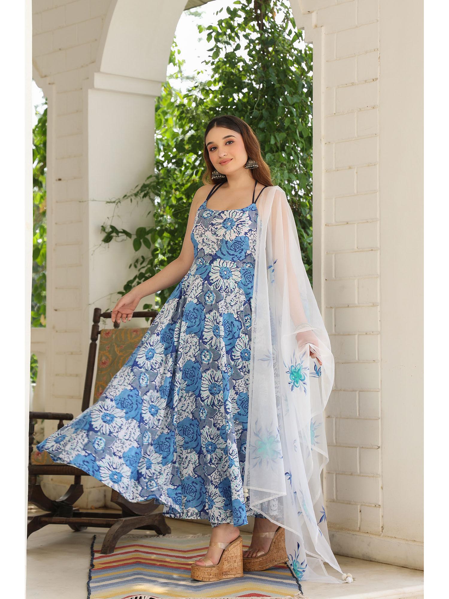 blue cotton printed flared backless suit (set of 3)