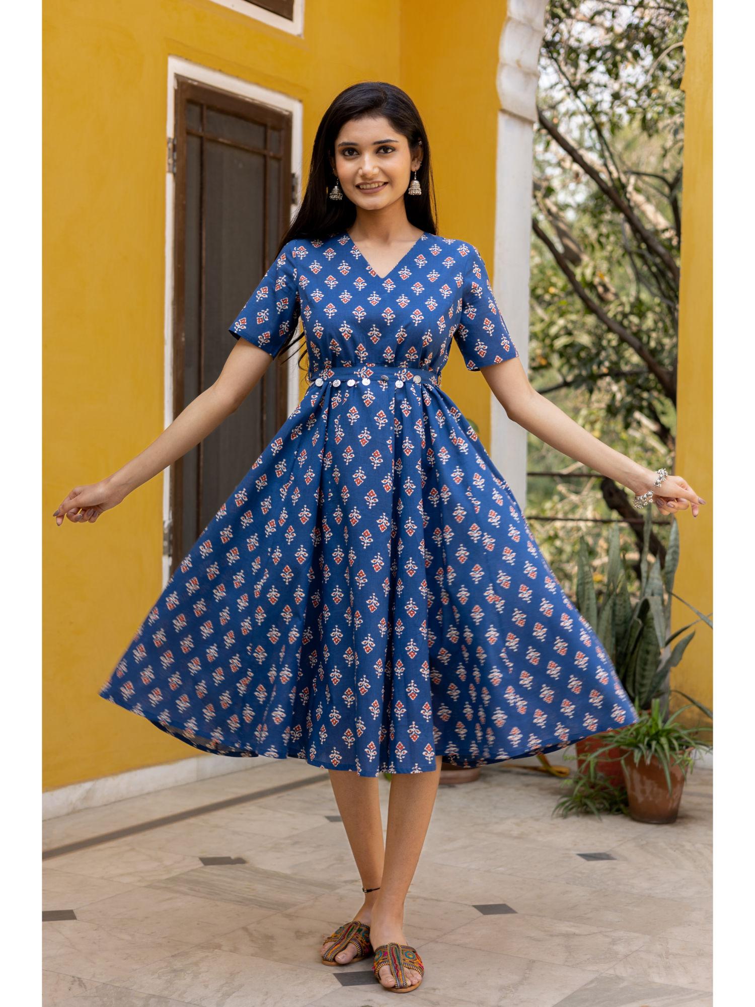 blue cotton printed flared dress (set of 2)