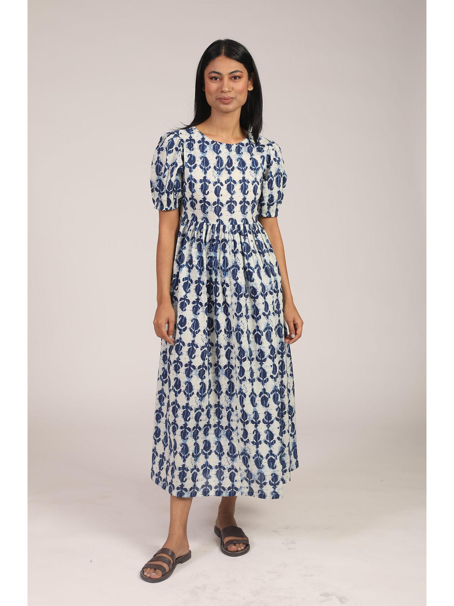 blue cotton printed flared dress