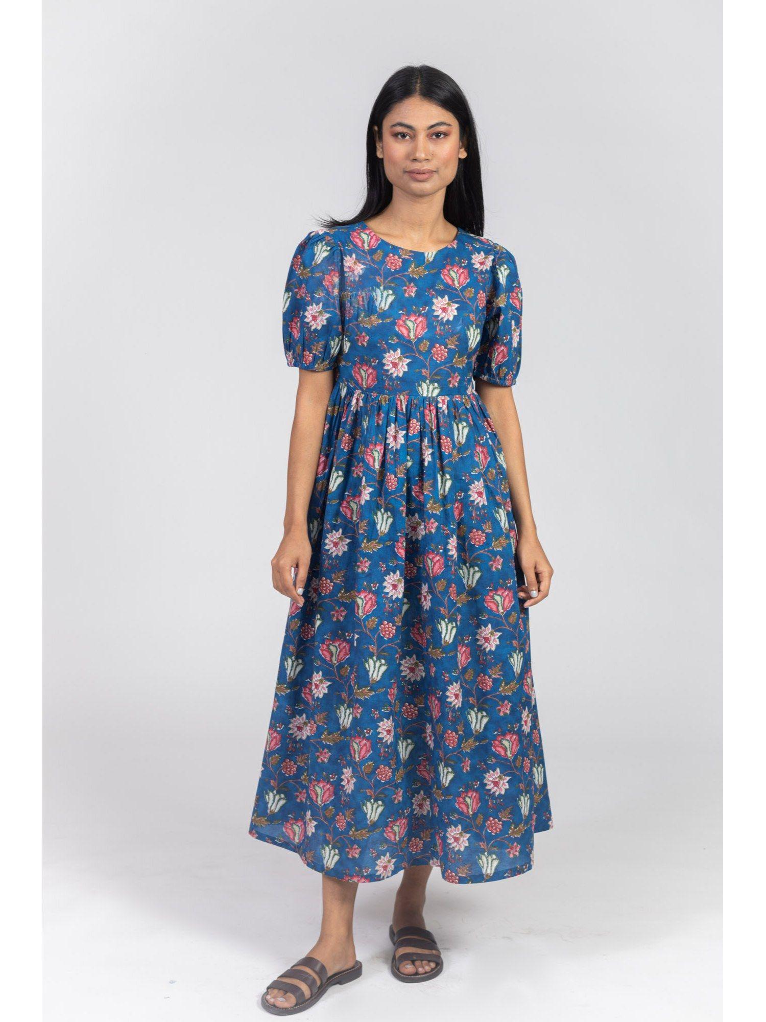 blue cotton printed flared dress