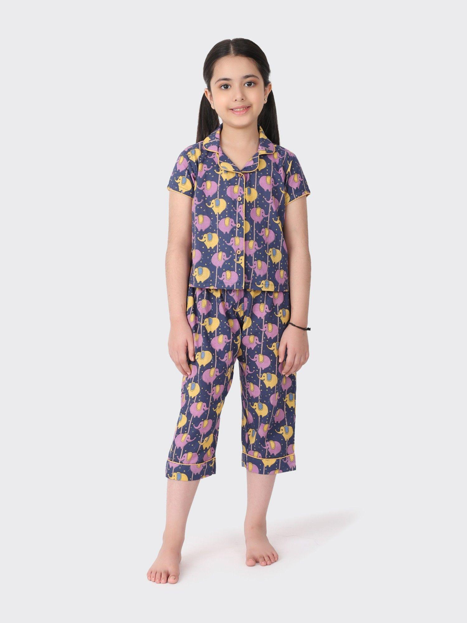 blue cotton printed girls pyjamas (set of 2)