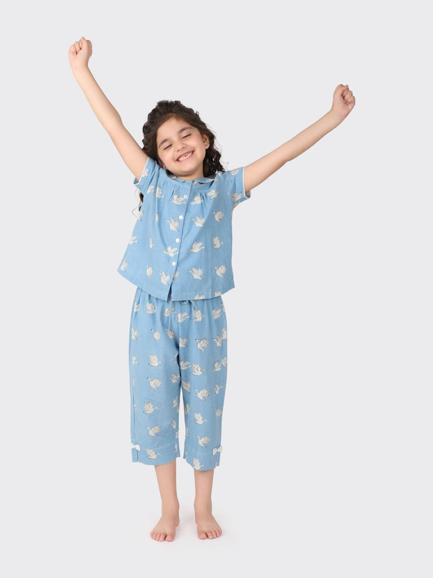 blue cotton printed girls pyjamas (set of 2)
