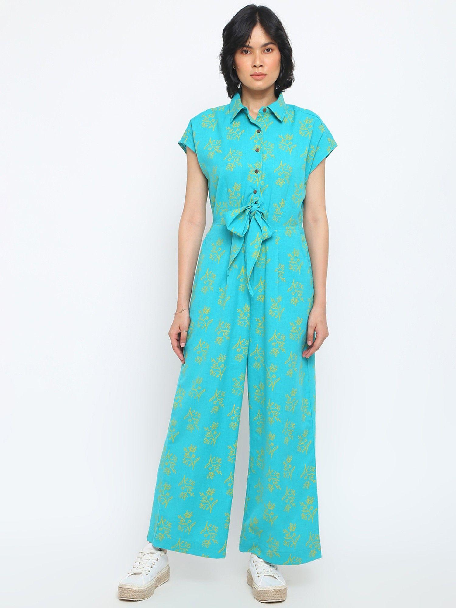 blue cotton printed jumpsuit