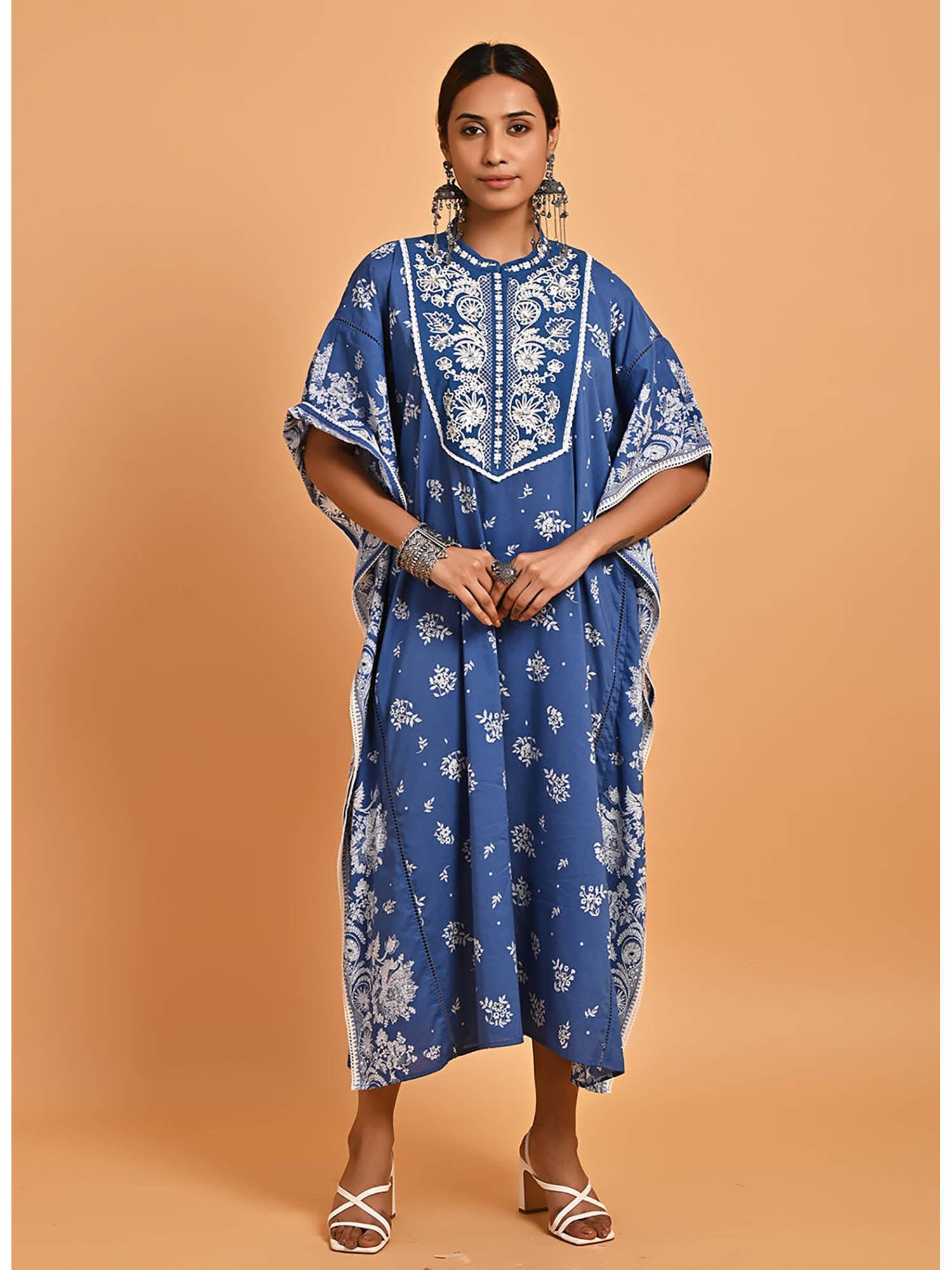 blue cotton printed kaftan with embroidery