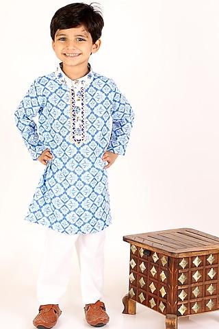 blue cotton printed kurta set for boys
