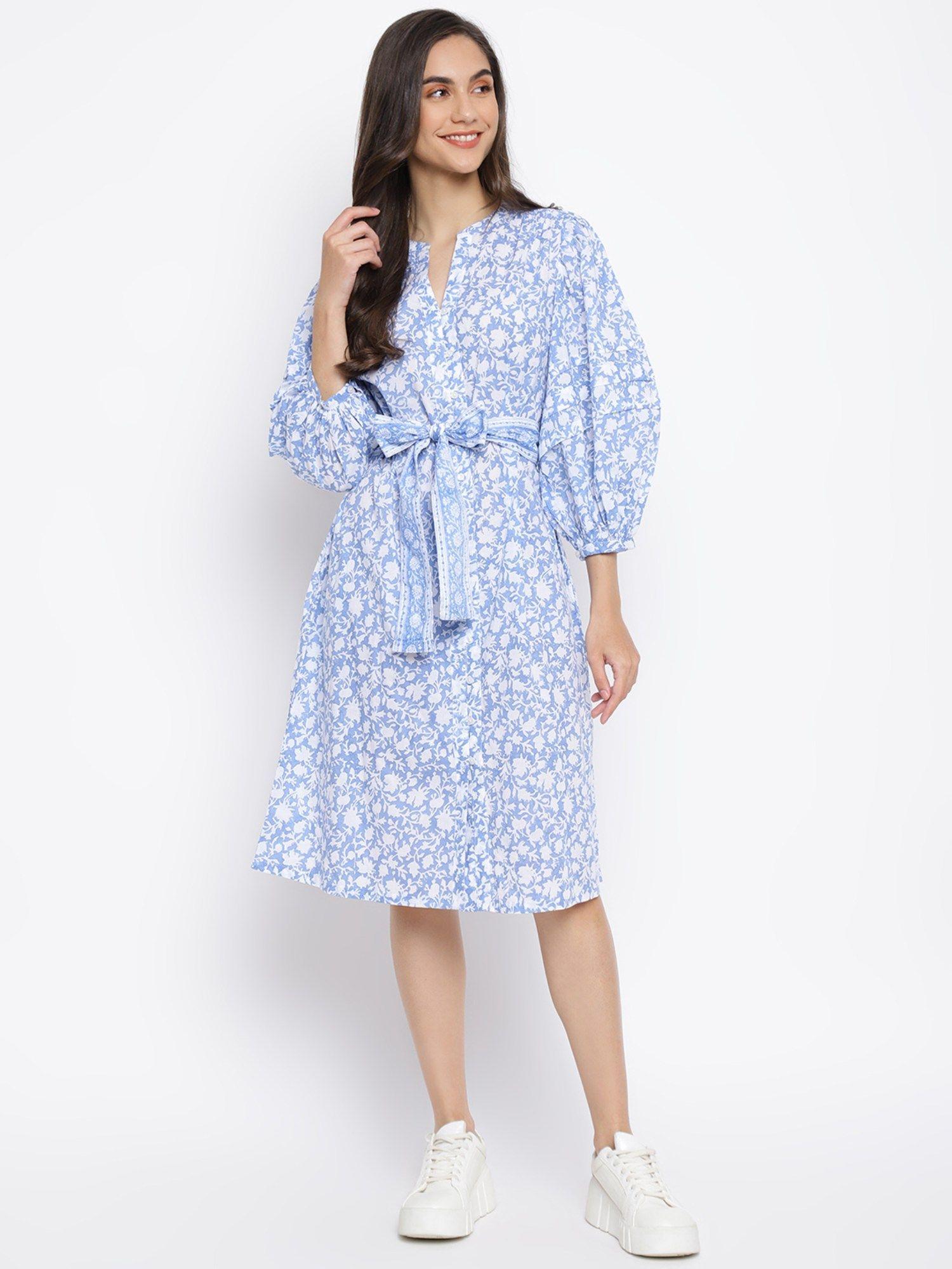 blue cotton printed midi dress with belt (set of 2)