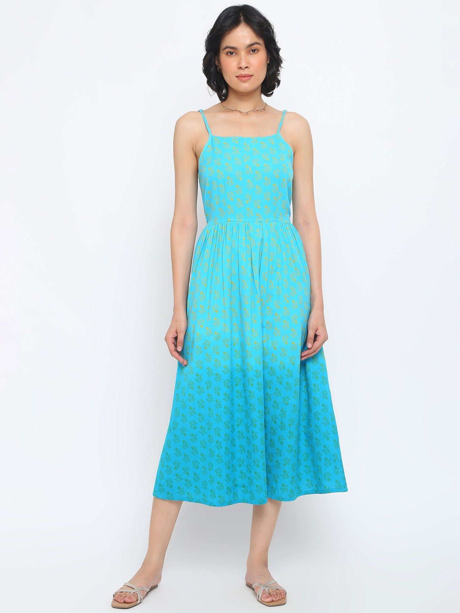 blue cotton printed midi dress