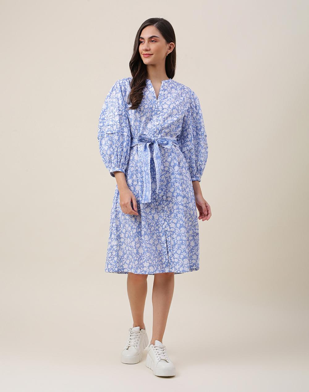 blue cotton printed midi dress