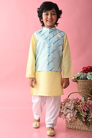 blue cotton printed nehru jacket with kurta set for boys