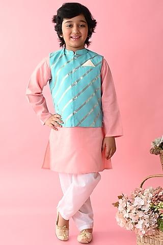 blue cotton printed nehru jacket with kurta set for boys