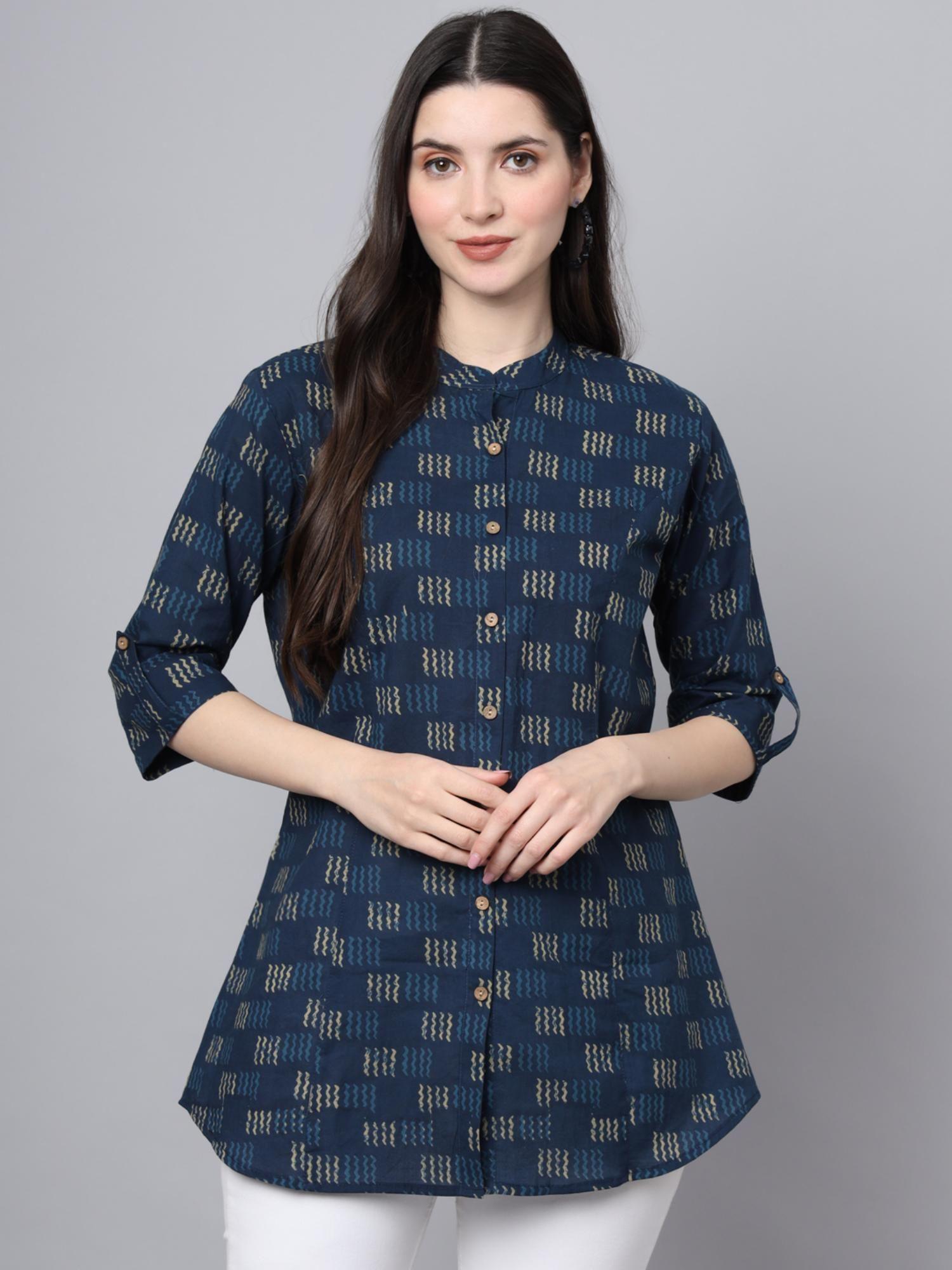 blue cotton printed shirt style top