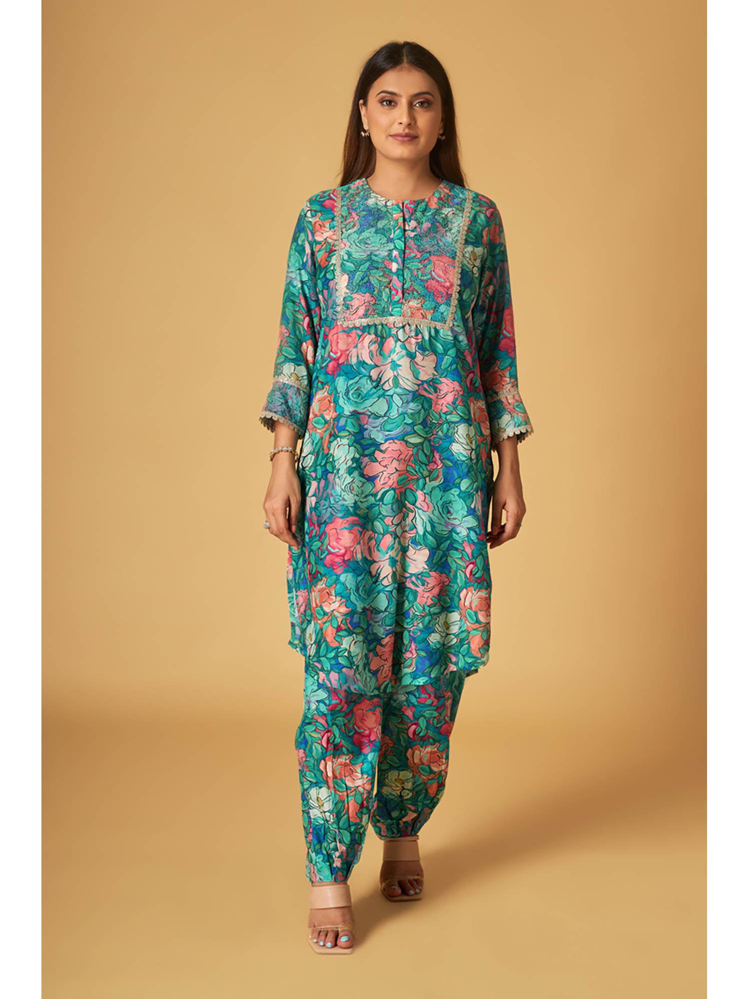 blue cotton printed silk kurta and pant (set of 2)