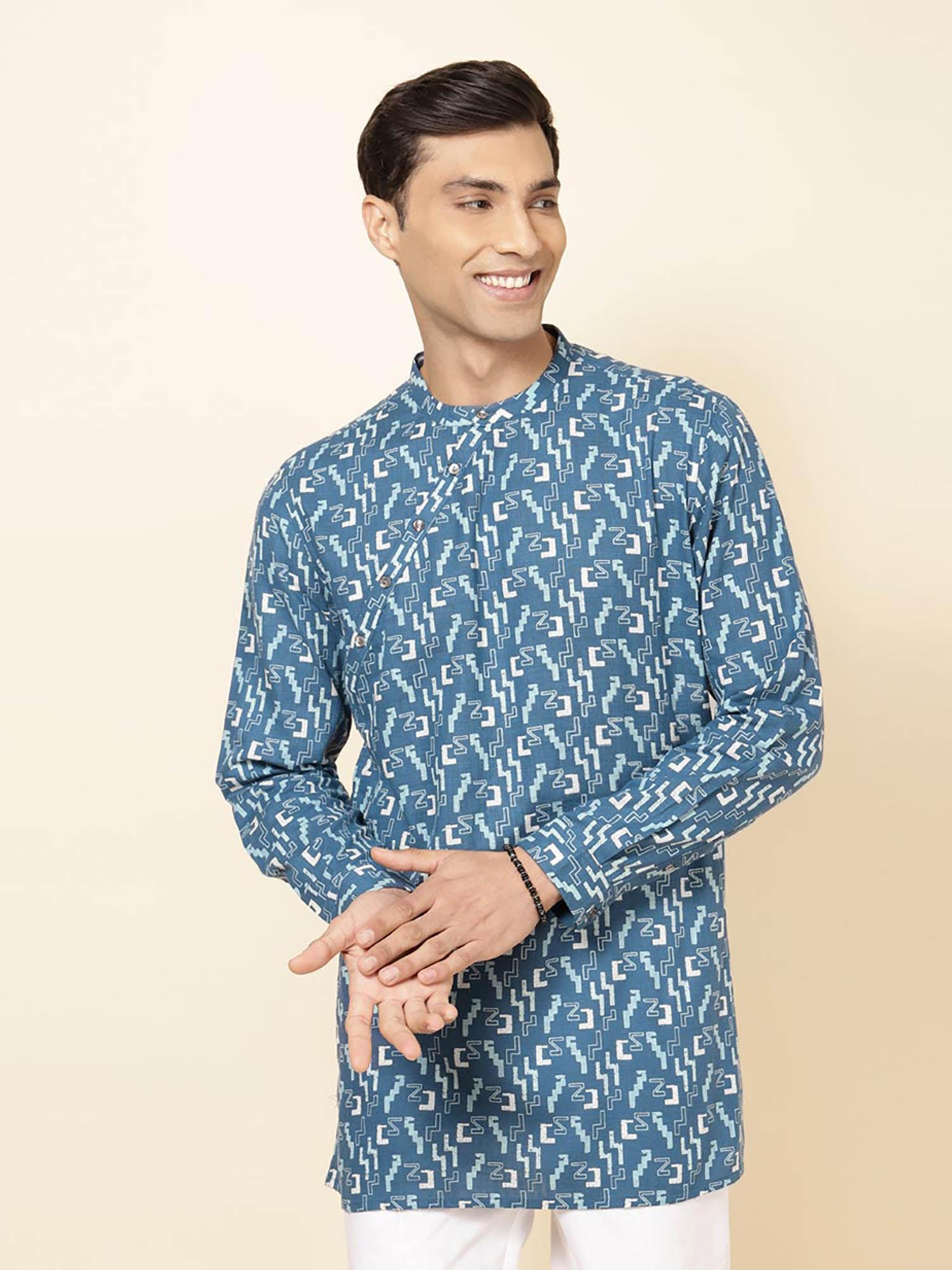 blue cotton printed slim fit kurta