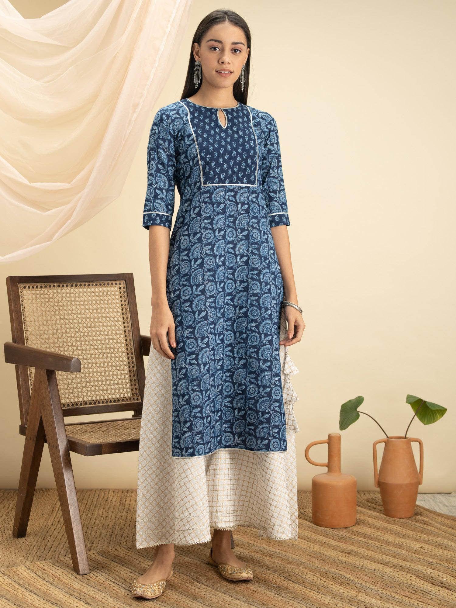 blue cotton printed straight kurta