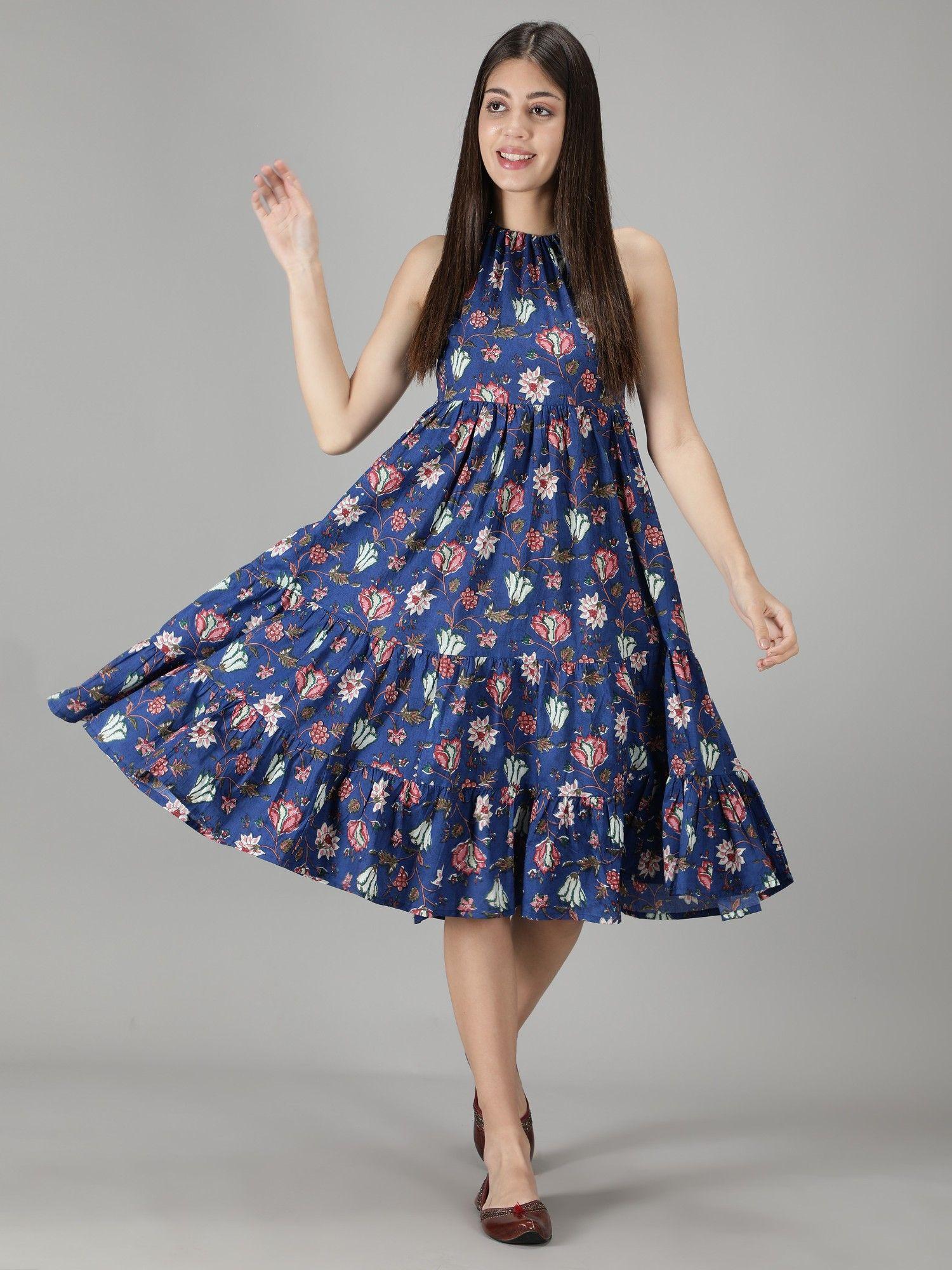 blue cotton printed strappy tie up flared dress