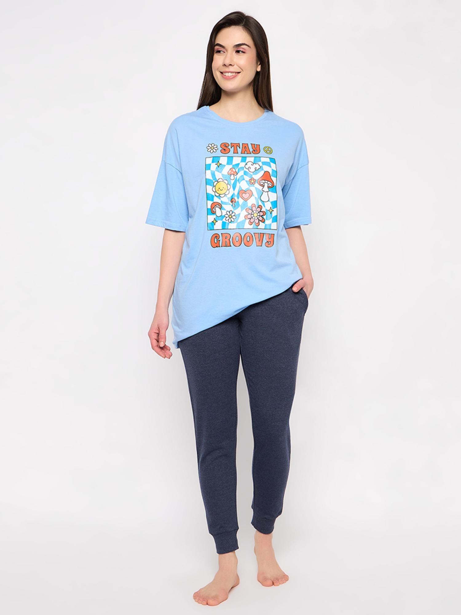 blue cotton printed t-shirt and joggers (set of 2)
