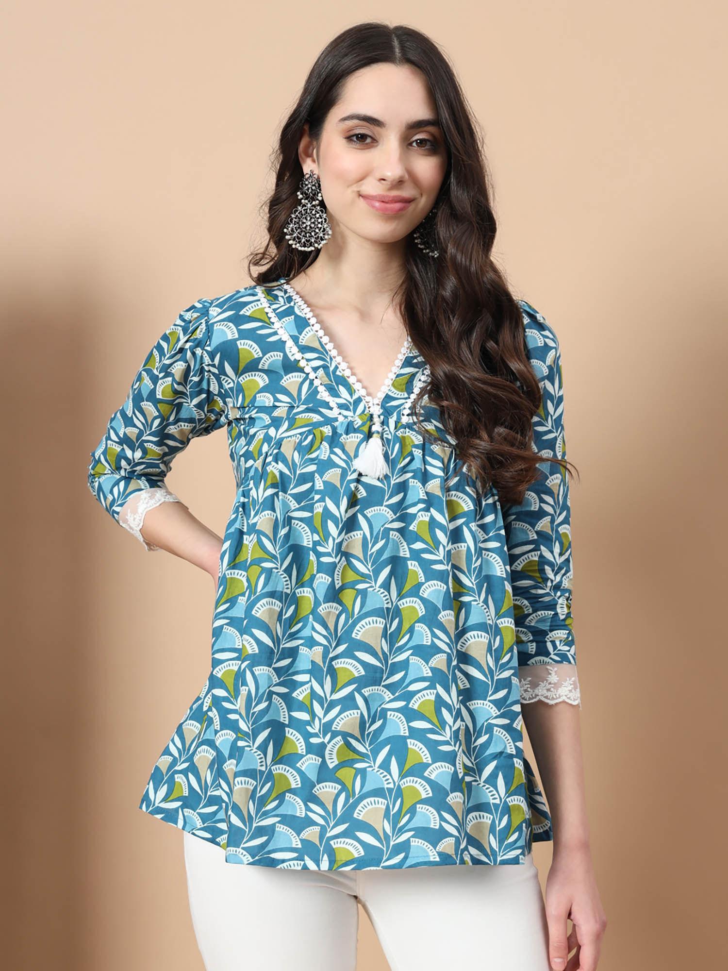 blue cotton printed top