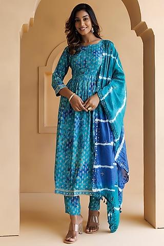 blue cotton rayon printed & embroidered kurta set