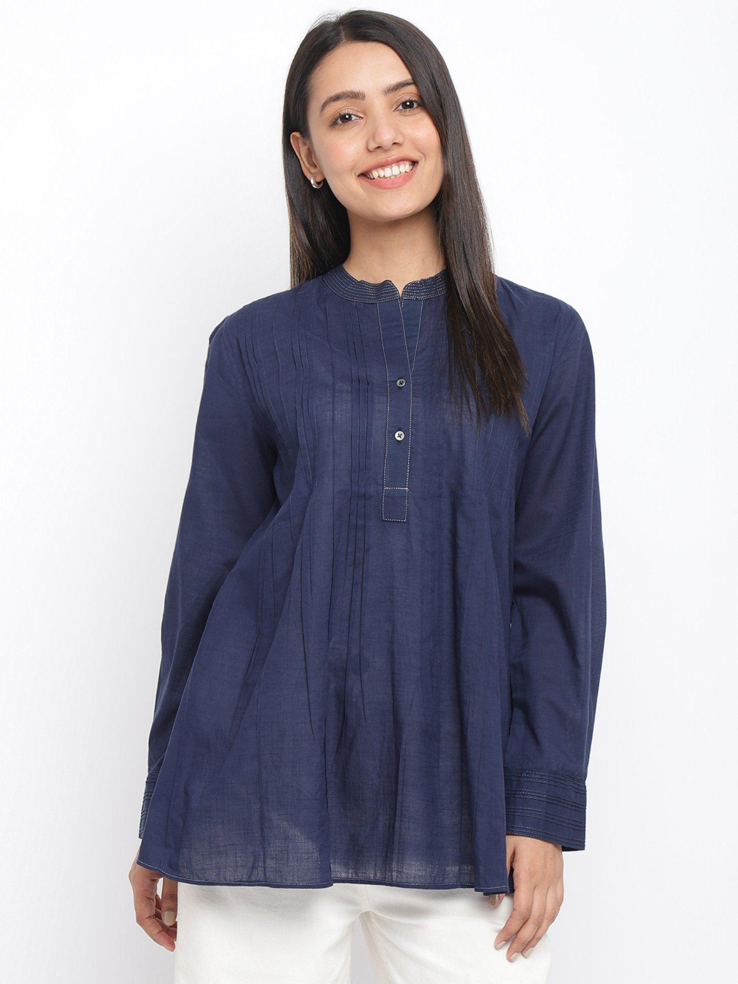 blue cotton regular thigh length tunic