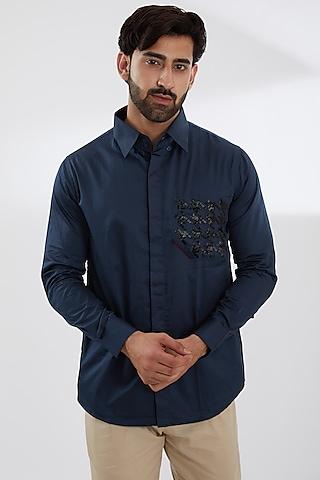 blue cotton satin embroidered shirt