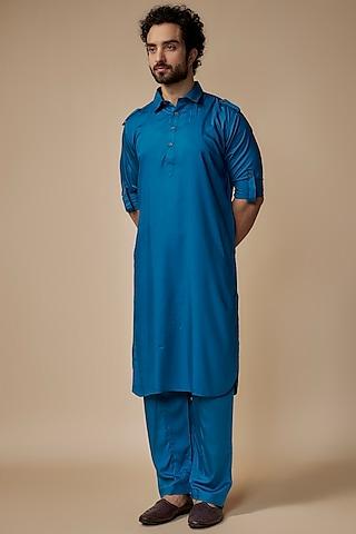 blue cotton satin pathani kurta set