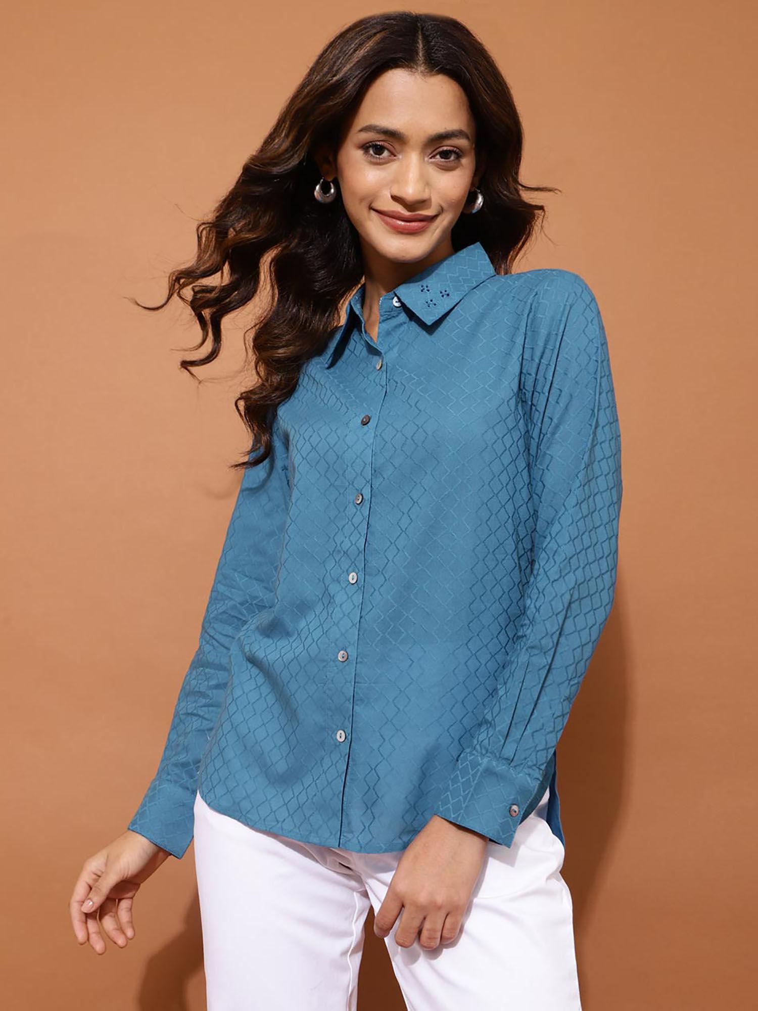 blue cotton self design shirt