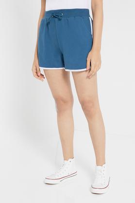 blue cotton shorts for women with white piping - blue