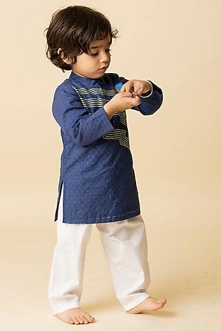 blue cotton silk & cotton voile embroidered kurta set for boys
