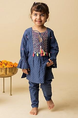 blue cotton silk & cotton voile embroidered kurta set for girls