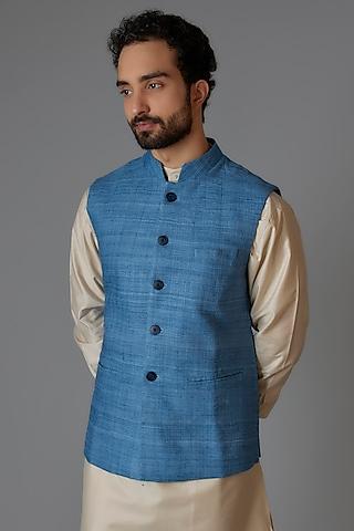 blue cotton silk bundi jacket