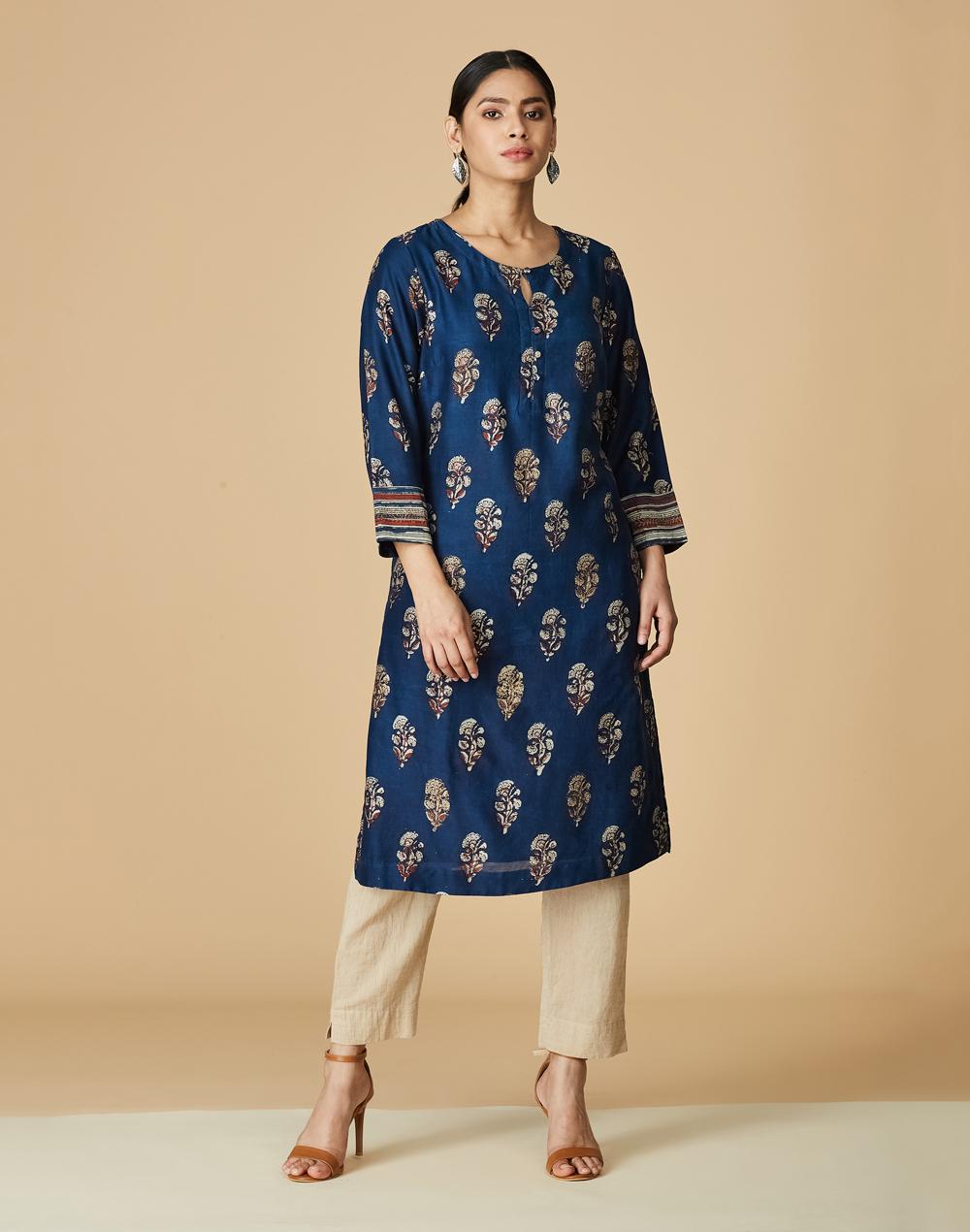 blue cotton silk dabu printed knee length kurta