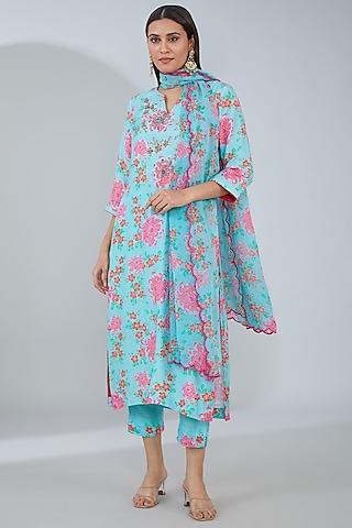 blue cotton silk digital printed kurta set