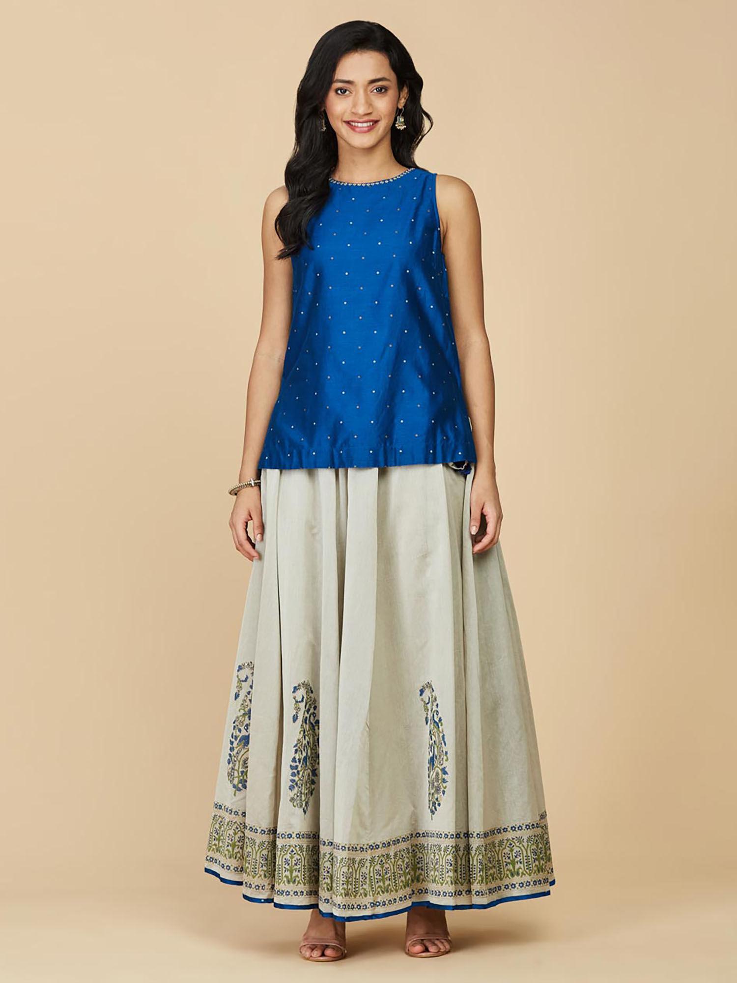 blue cotton silk embroidered slim fit skirt (set of 2)