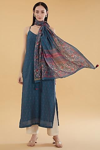blue cotton silk floral motif printed kurta set