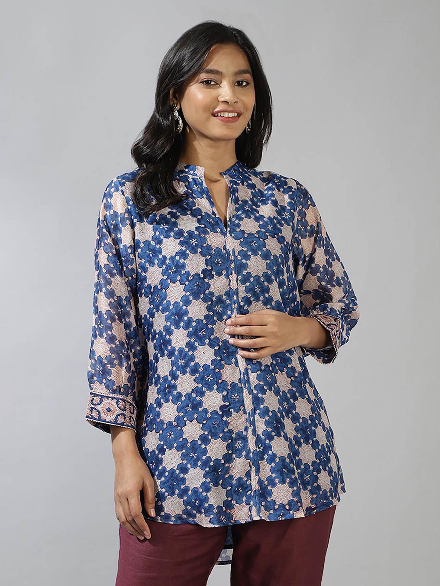 blue cotton silk hand block printed tunic